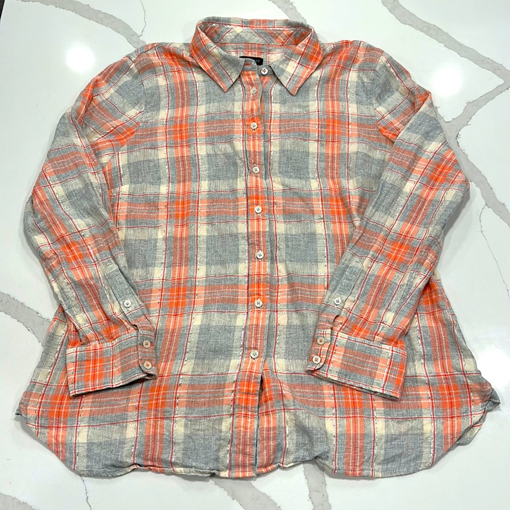 Talbots Plaid Flannel Shirt (Peach, Gray, Silver Stripe) Size: Large